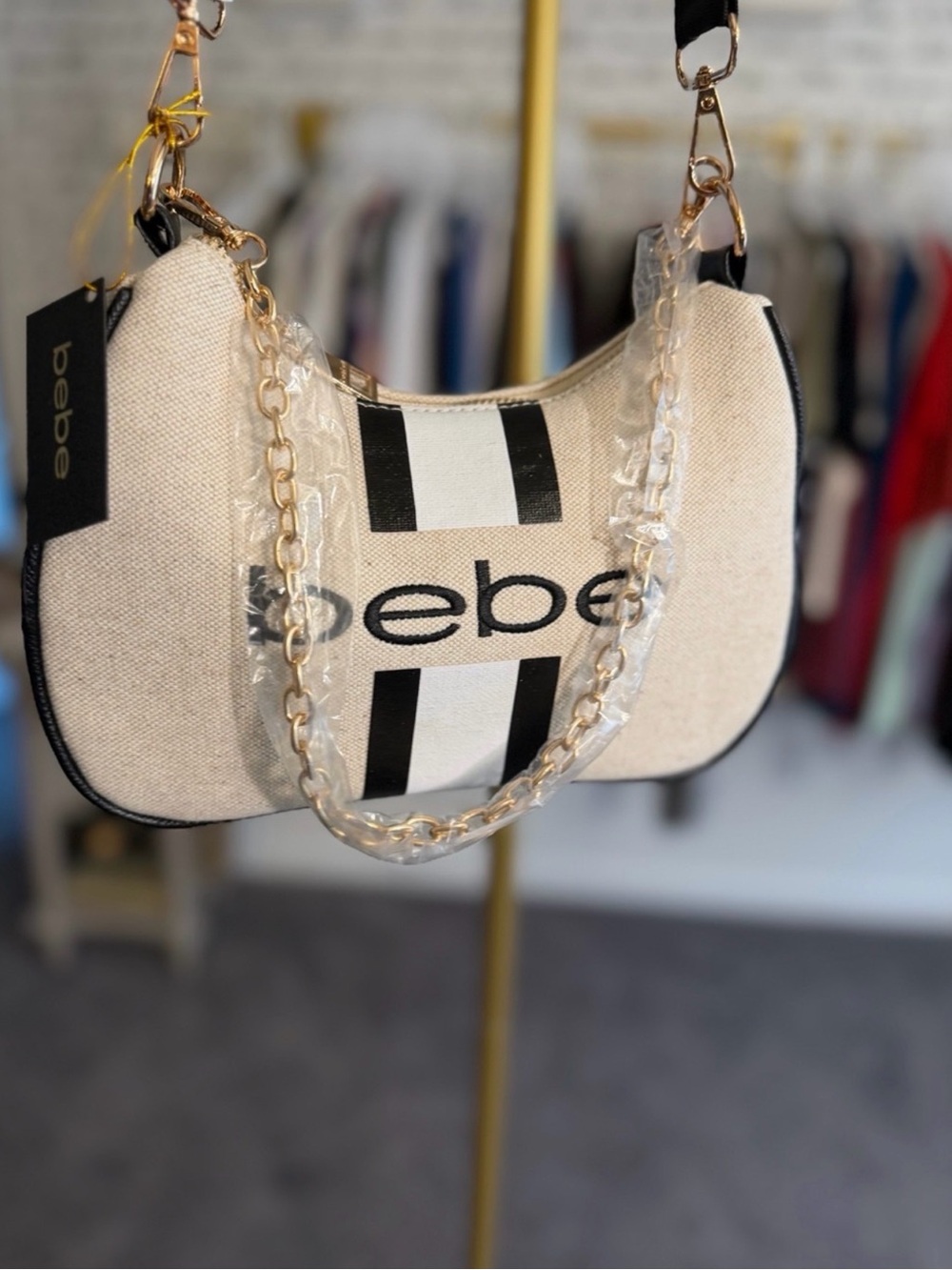 NWT bebe Beige Canvas Crossbody with coin purse Black and White Stripe